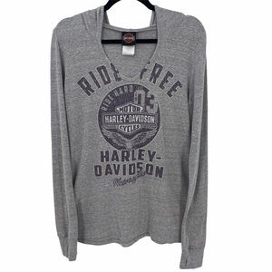 Harley Davidson- Gray Hooded Long Sleeve Top
